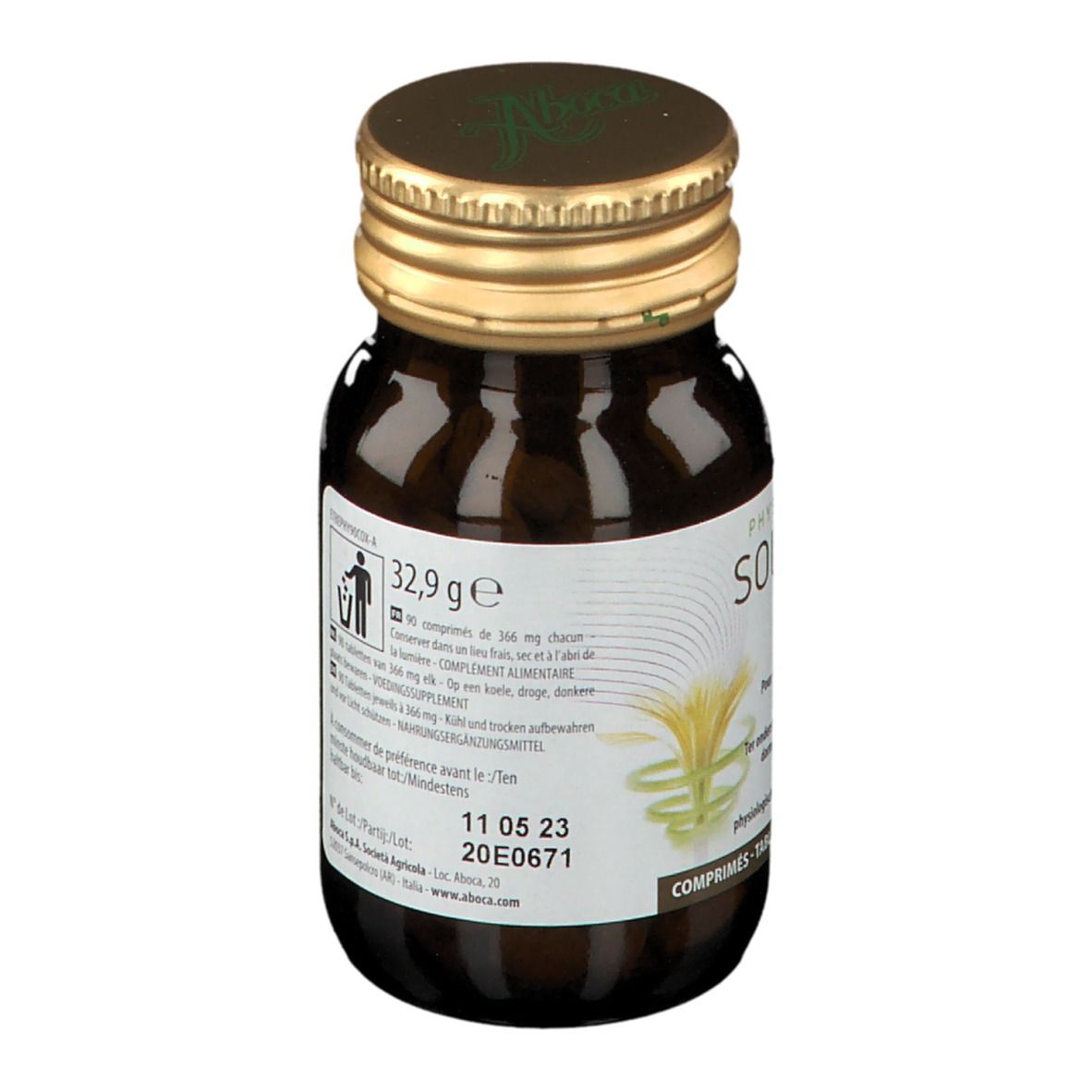 Bruine glazen fles met gouden dop. Opschrift SOLLIEVO ADVANCED PHYSIOTRANSIT. Ten minste houdbaar tot: 11 05 23.