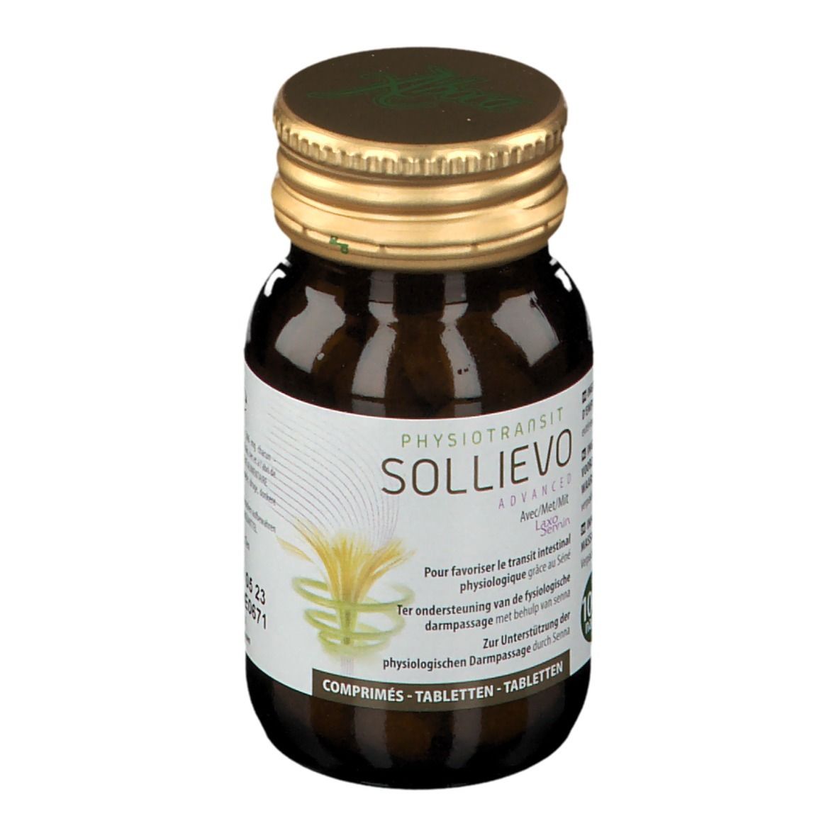 Bruine glazen fles met gouden dop. Opschrift SOLLIEVO ADVANCED PHYSIOTRANSIT. Productnaam duidelijk zichtbaar.