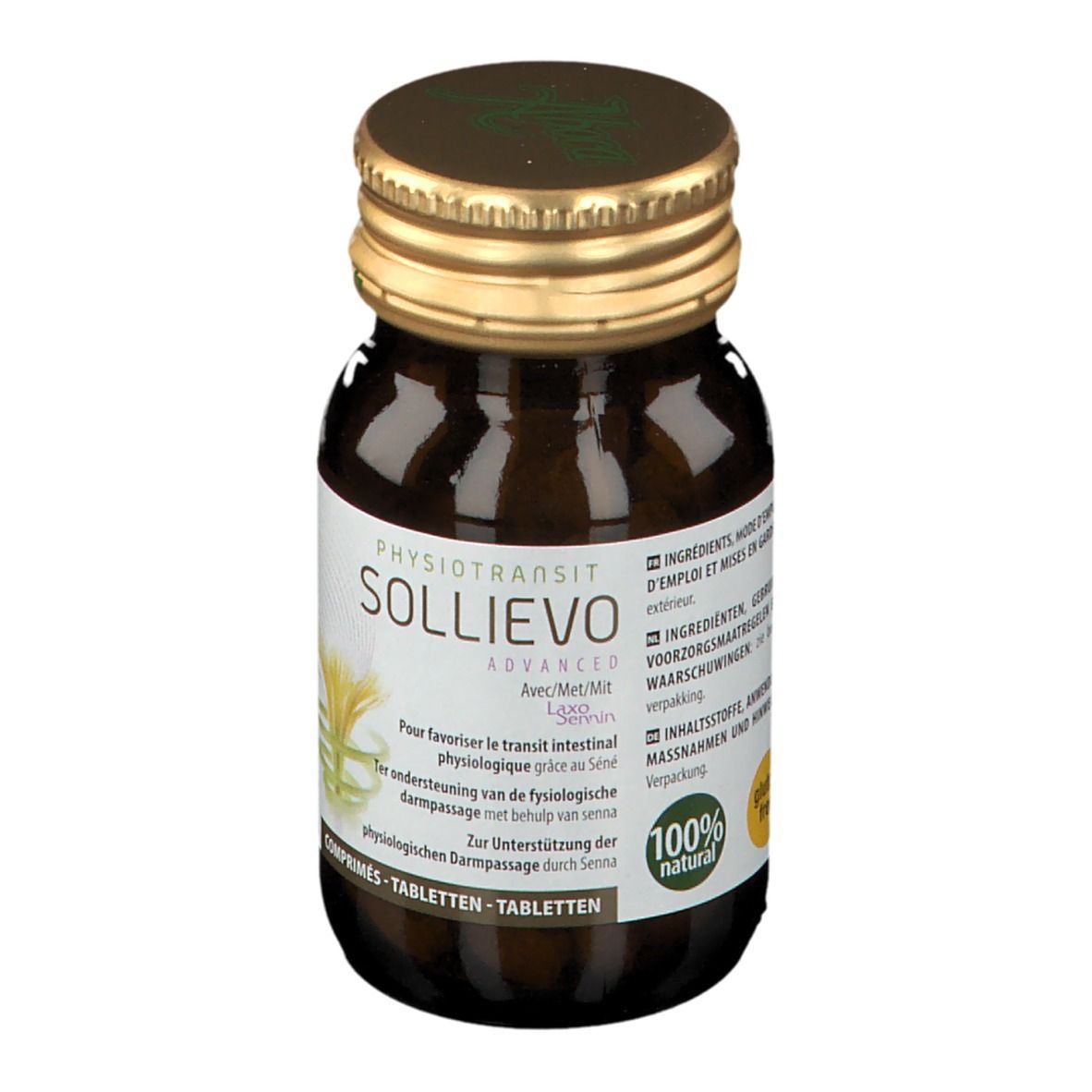 Bruine glazen fles met gouden dop. Opschrift SOLLIEVO ADVANCED PHYSIOTRANSIT. 100% natuurlijk.