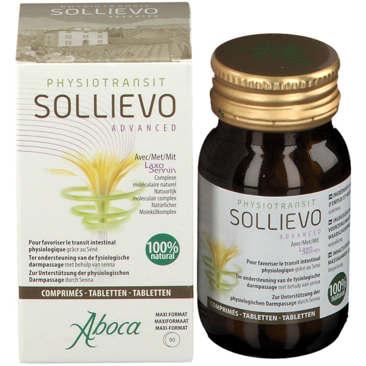 Product SOLLIEVO ADVANCED PHYSIOTRANSIT met verpakking. Fles en doos naast elkaar. 100% natuurlijk.