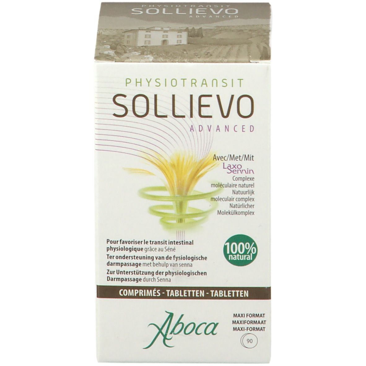 Verpakking van SOLLIEVO ADVANCED PHYSIOTRANSIT. Doos met productnaam en logo. 100% natuurlijk.
