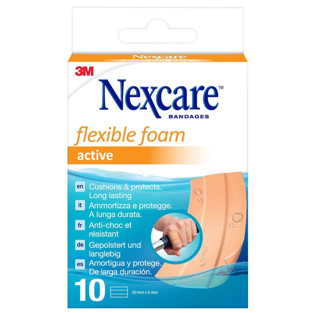 Verpackung mit Nexcare flexiblem Schaumstoffverband. Enthält 10 Verbände, 10 x 6 cm. Produktname und Eigenschaften sind aufgedruckt.