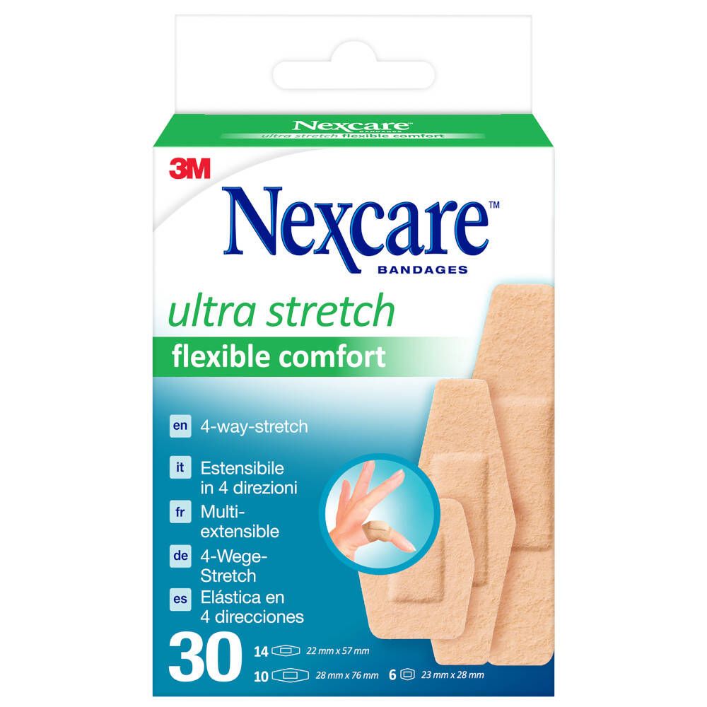 Nexcare ultra stretch pleisterverpakking. 30 pleisters in verschillende maten. 4-weg stretch. Beige pleisters afgebeeld op de verpakking.