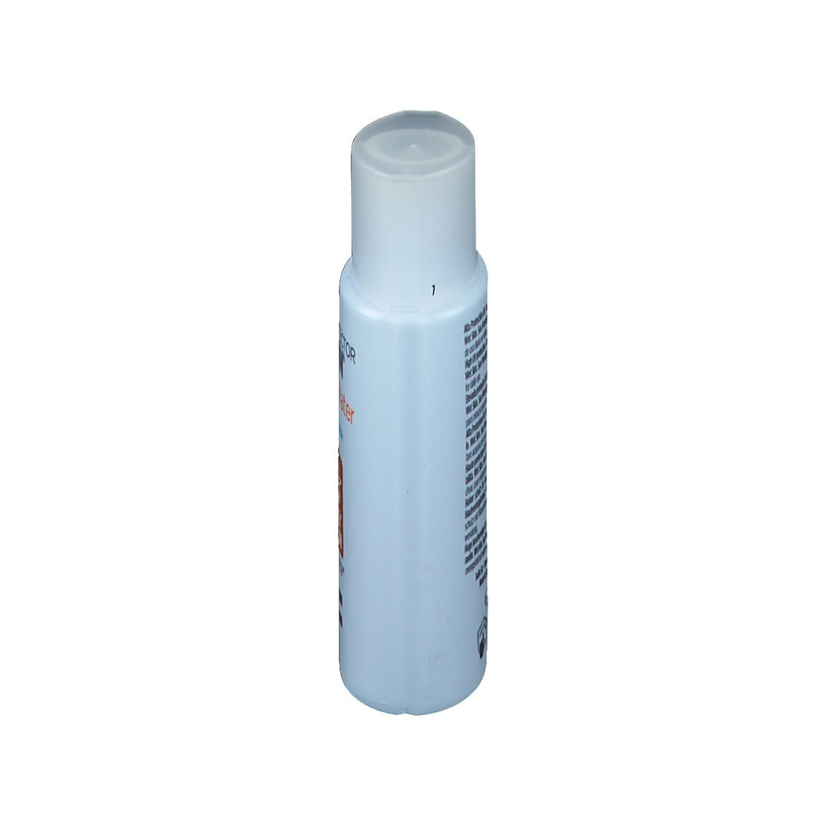 Hellblaue Flasche mit weißem Deckel. Auf der Seite Text. Produktname nicht lesbar.
