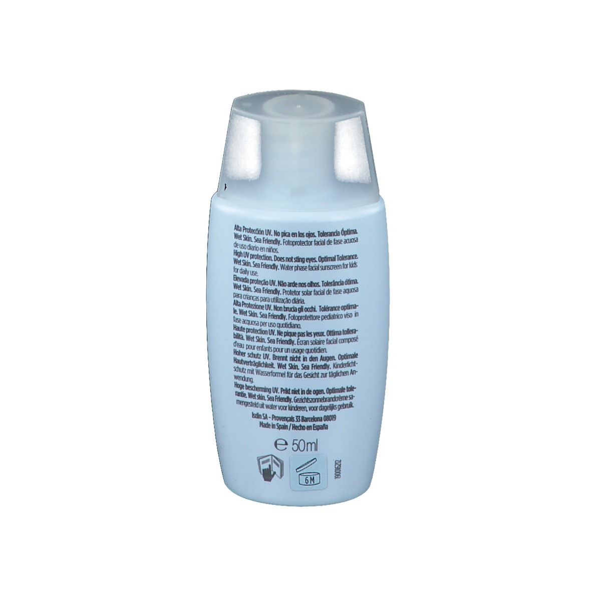 Rückseite einer hellblauen Flasche mit weißem Deckel. Text und Symbole. Volumen: 50ml.