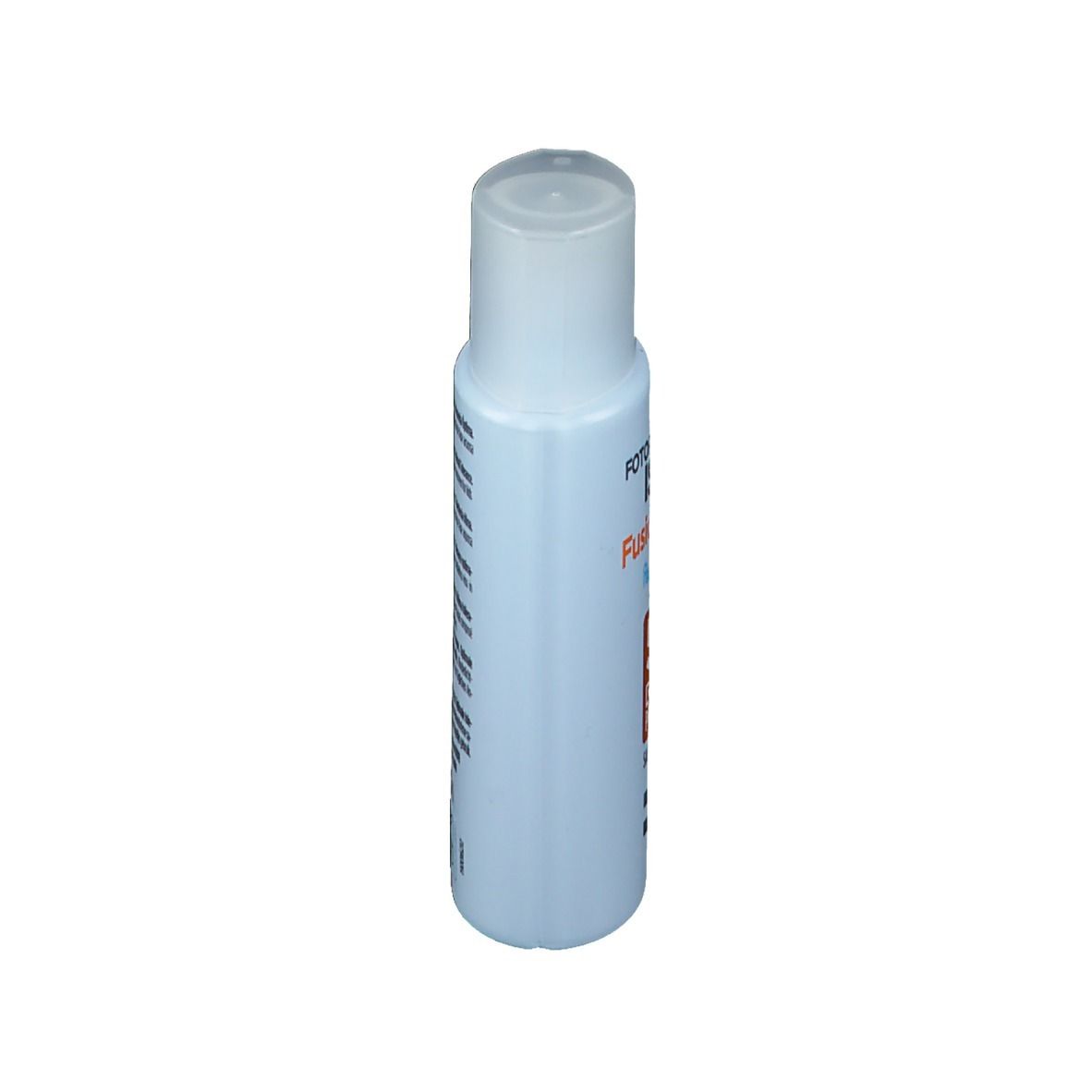 Hellblaue Flasche mit weißem Deckel. Text auf der Seite. Produktname nicht lesbar.