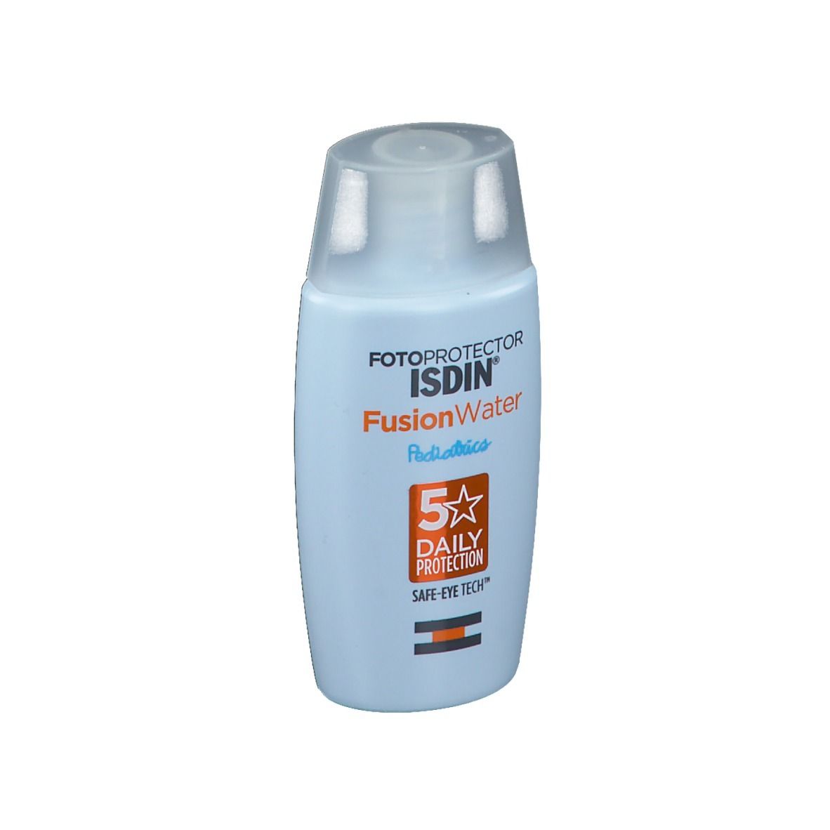 Hellblaue Flasche mit weißem Deckel. Aufschrift: ISDIN FusionWater Pediatrics, 5 Sterne Daily Protection.