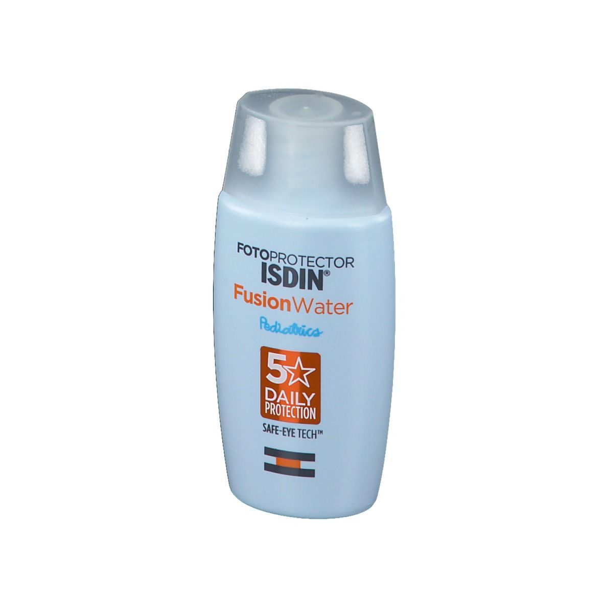 Hellblaue Flasche mit weißem Deckel. Aufschrift: ISDIN FusionWater Pediatrics, 5 Sterne Daily Protection.