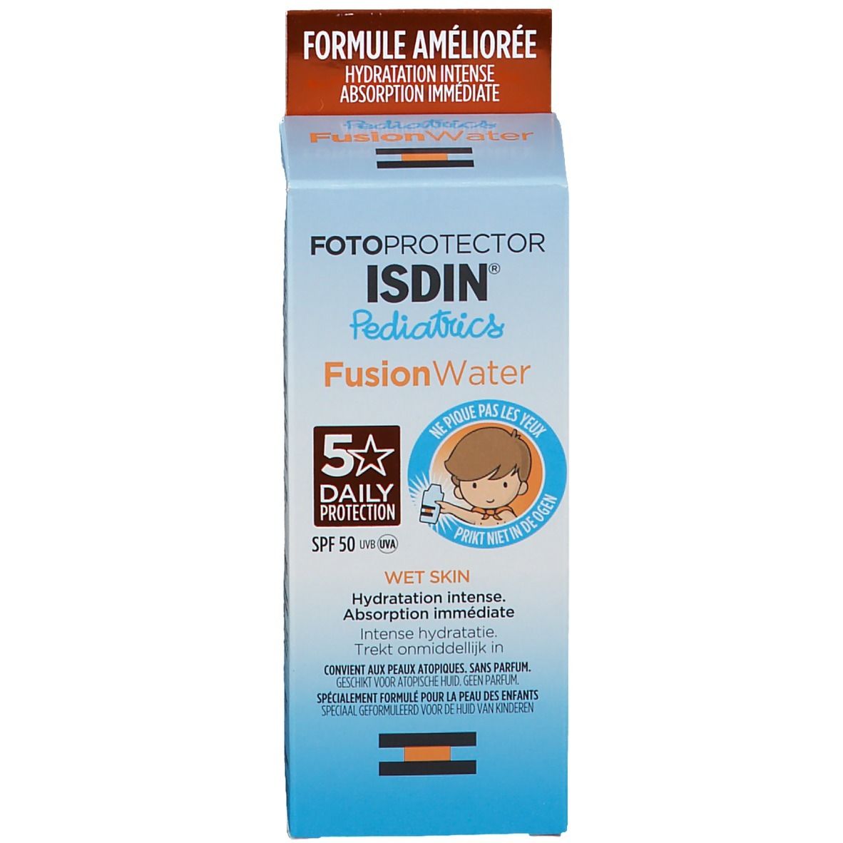 Schachtel mit hellblauer Flasche. Aufschrift: ISDIN FusionWater Pediatrics, 5 Sterne Daily Protection. Mit Kind.