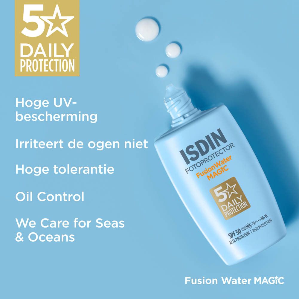 ISDIN Fotoprotector FusionWater Magic. Flasche mit Text: SPF 50, 5x Daily Protection. Text: Nicht reizend.