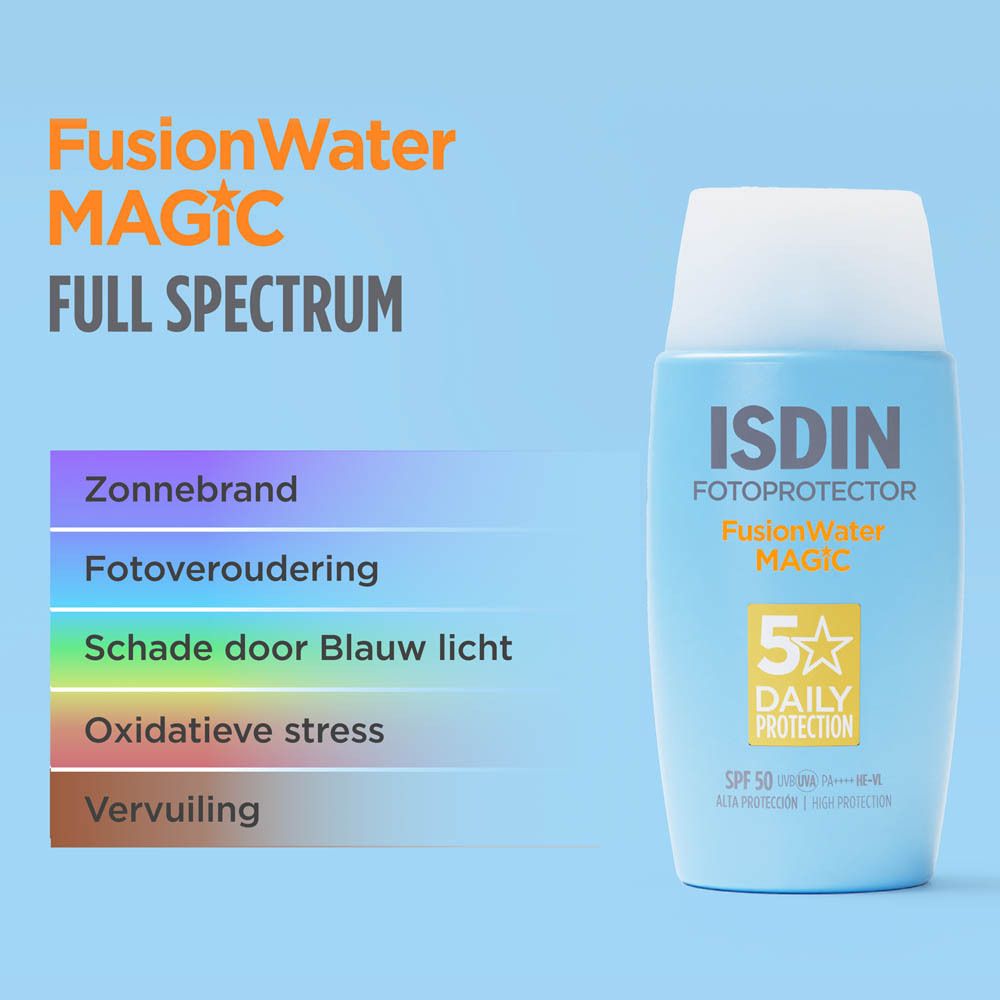 ISDIN Fotoprotector FusionWater Magic. Flasche mit Text: SPF 50, 5x Daily Protection. Text: Sonnenbrand, Fotoalterung.