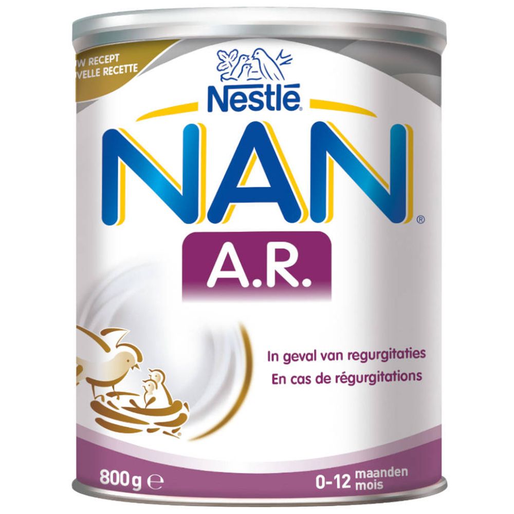 Boîte de lait infantile Nestlé NAN A.R. Inscription : 800g, 0-12 mois. Logo Nestlé. In geval van regurgitaties/En cas de régurgitations.