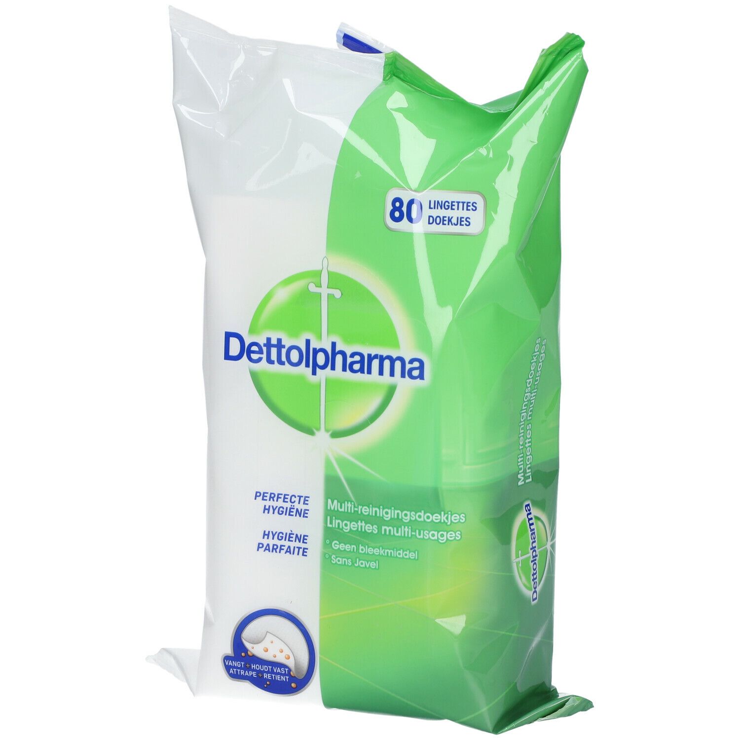Verpakking Dettol Pharma allesdoekjes. Groen-witte verpakking met logo en tekst. Bevat 80 doekjes.