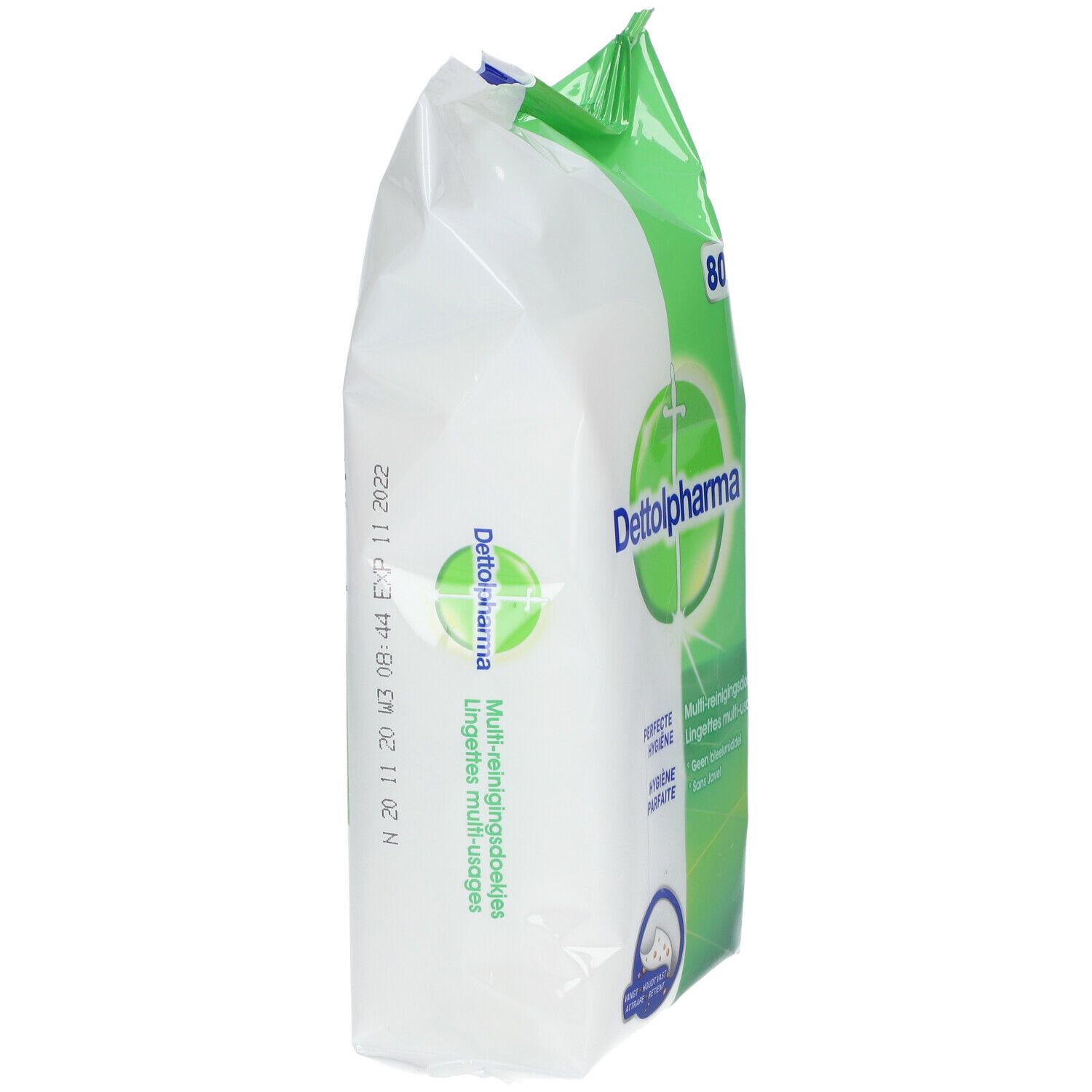 Zijaanzicht van de verpakking Dettol Pharma allesdoekjes. Groen-witte verpakking met logo en tekst. Datum.