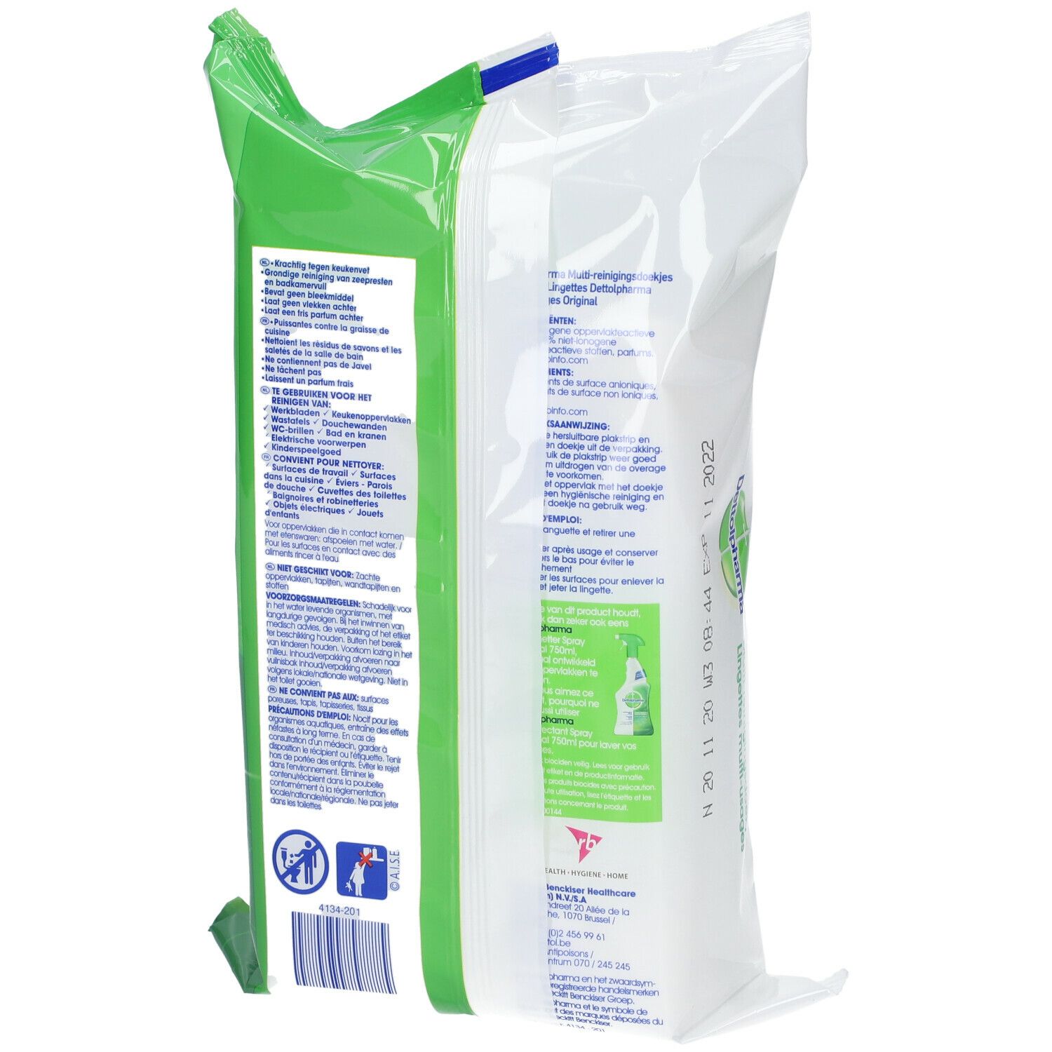 Achterkant van de verpakking Dettol Pharma allesdoekjes. Groen-witte verpakking met tekst en logo's. Instructies.