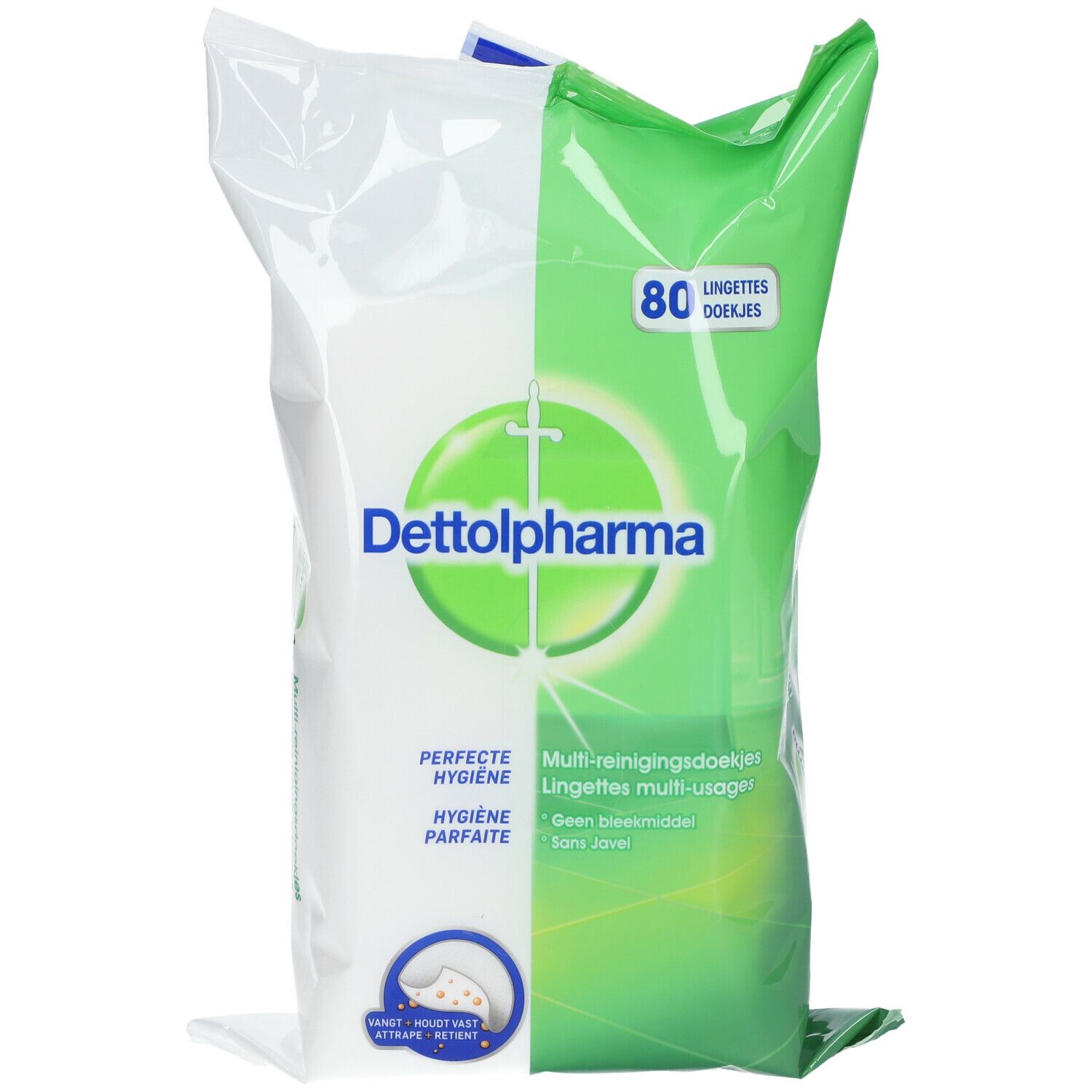 Verpakking Dettol Pharma allesdoekjes. Groen-witte verpakking met logo en tekst. Bevat 80 doekjes.