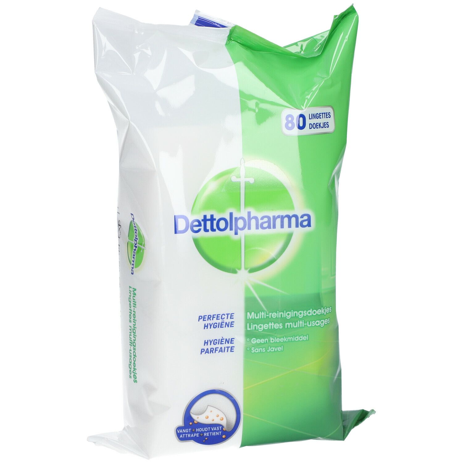 Verpakking Dettol Pharma allesdoekjes. Groen-witte verpakking met logo en tekst. Bevat 80 doekjes.