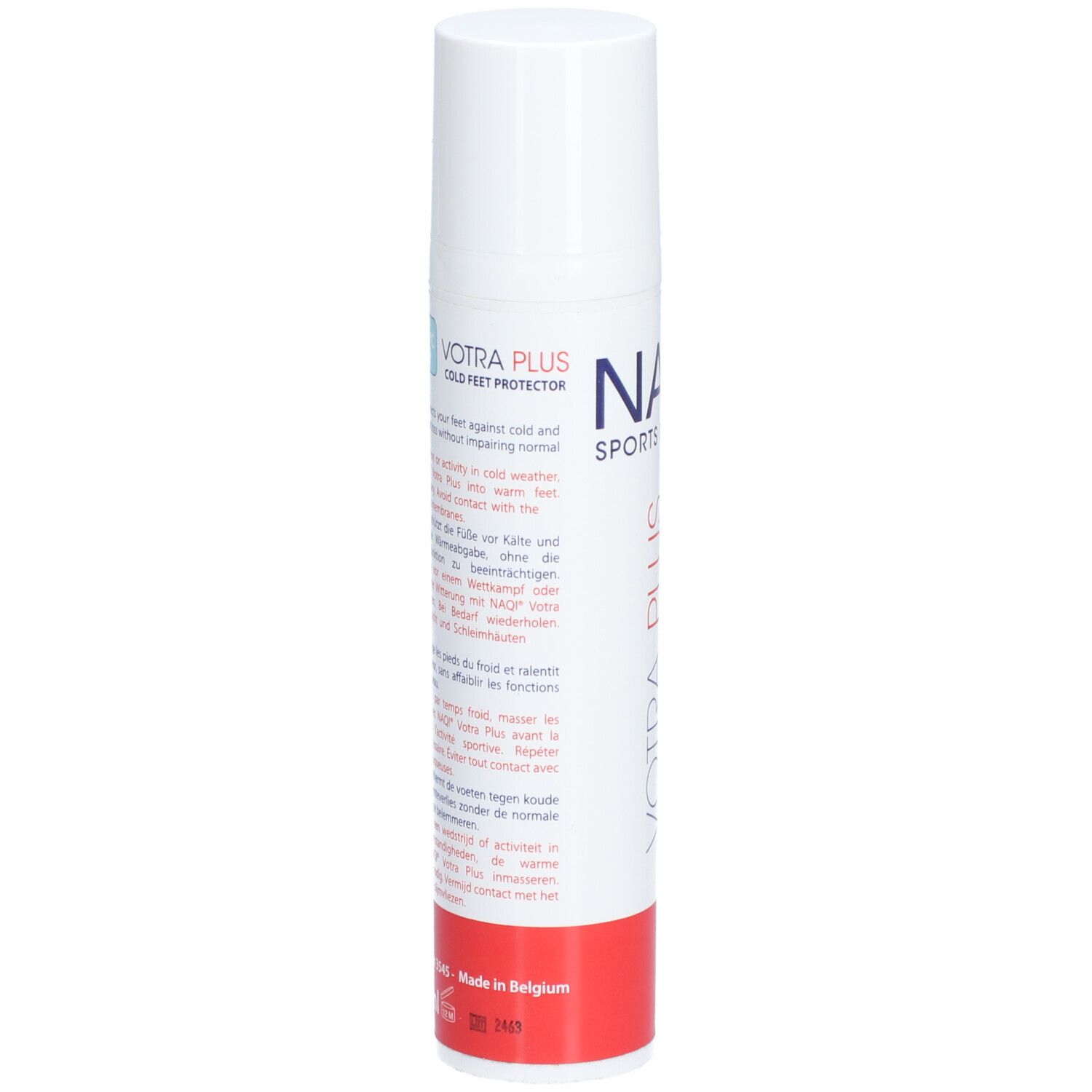 Tube blanc avec base rouge. Texte multilingue. Inscription: NAQI SPORTS LOTIONS, VOTRA PLUS COLD FEET PROTECTOR.