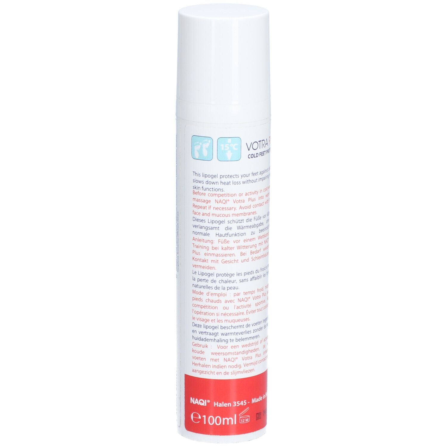 Tube blanc avec base rouge. Texte multilingue. Inscription: NAQI SPORTS LOTIONS, VOTRA PLUS COLD FEET PROTECTOR. E100ml.