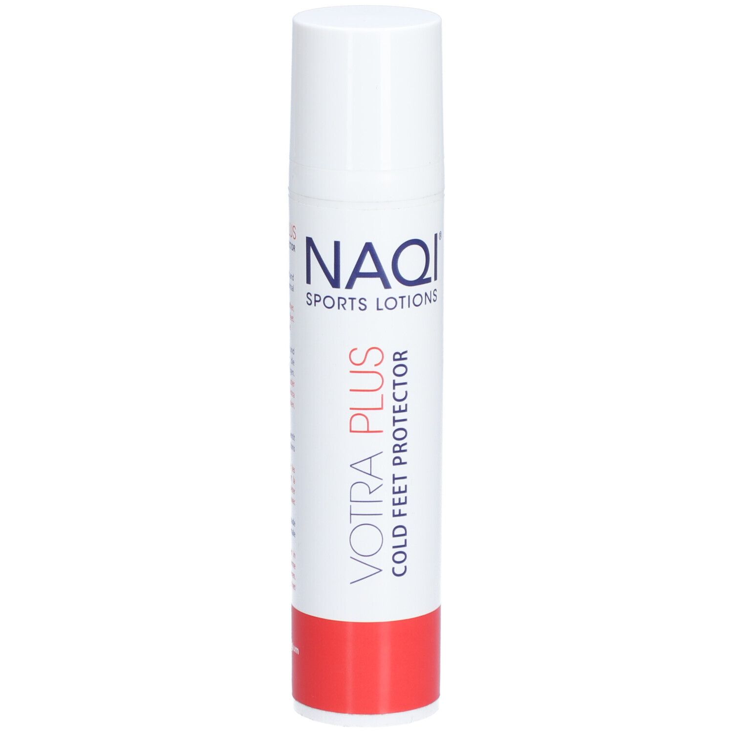 Tube blanc avec base rouge. Inscription: NAQI SPORTS LOTIONS, VOTRA PLUS COLD FEET PROTECTOR.
