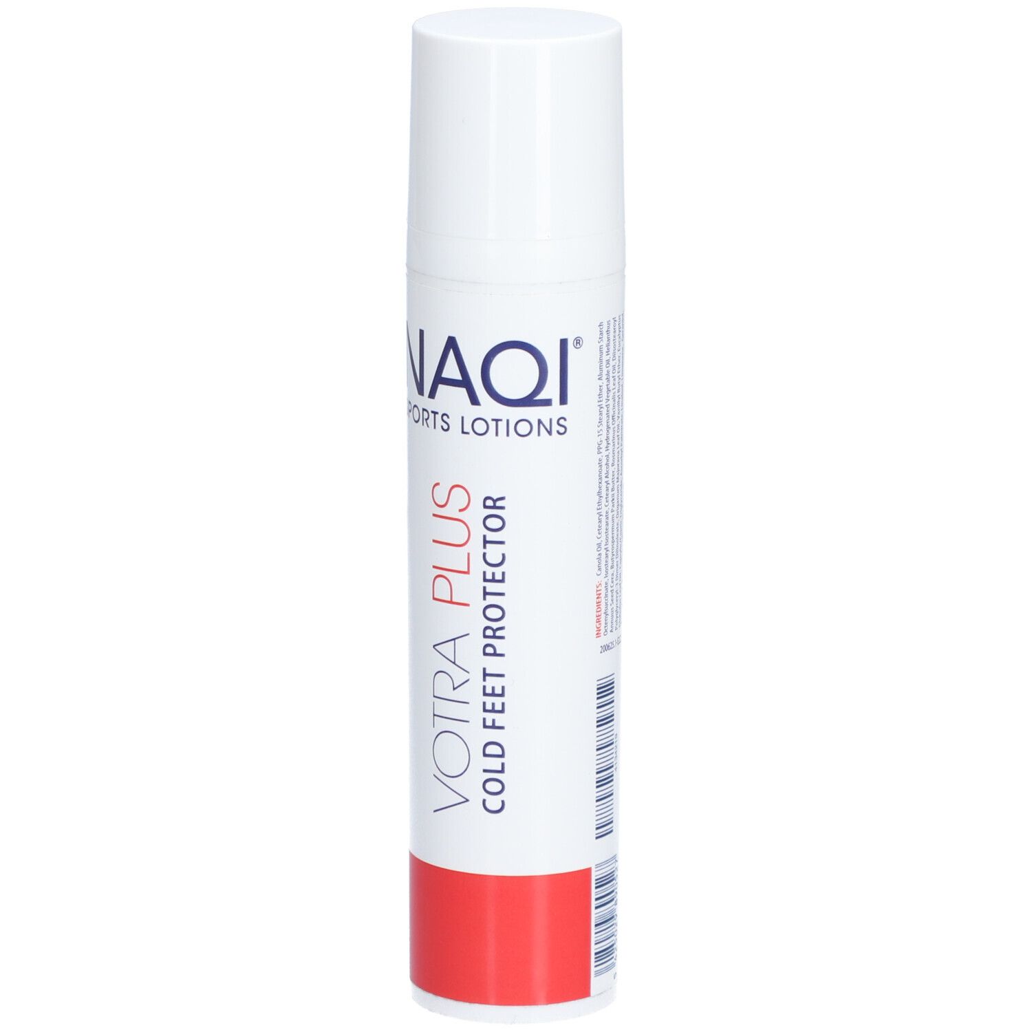 Tube blanc avec base rouge. Inscription: NAQI SPORTS LOTIONS, VOTRA PLUS COLD FEET PROTECTOR.