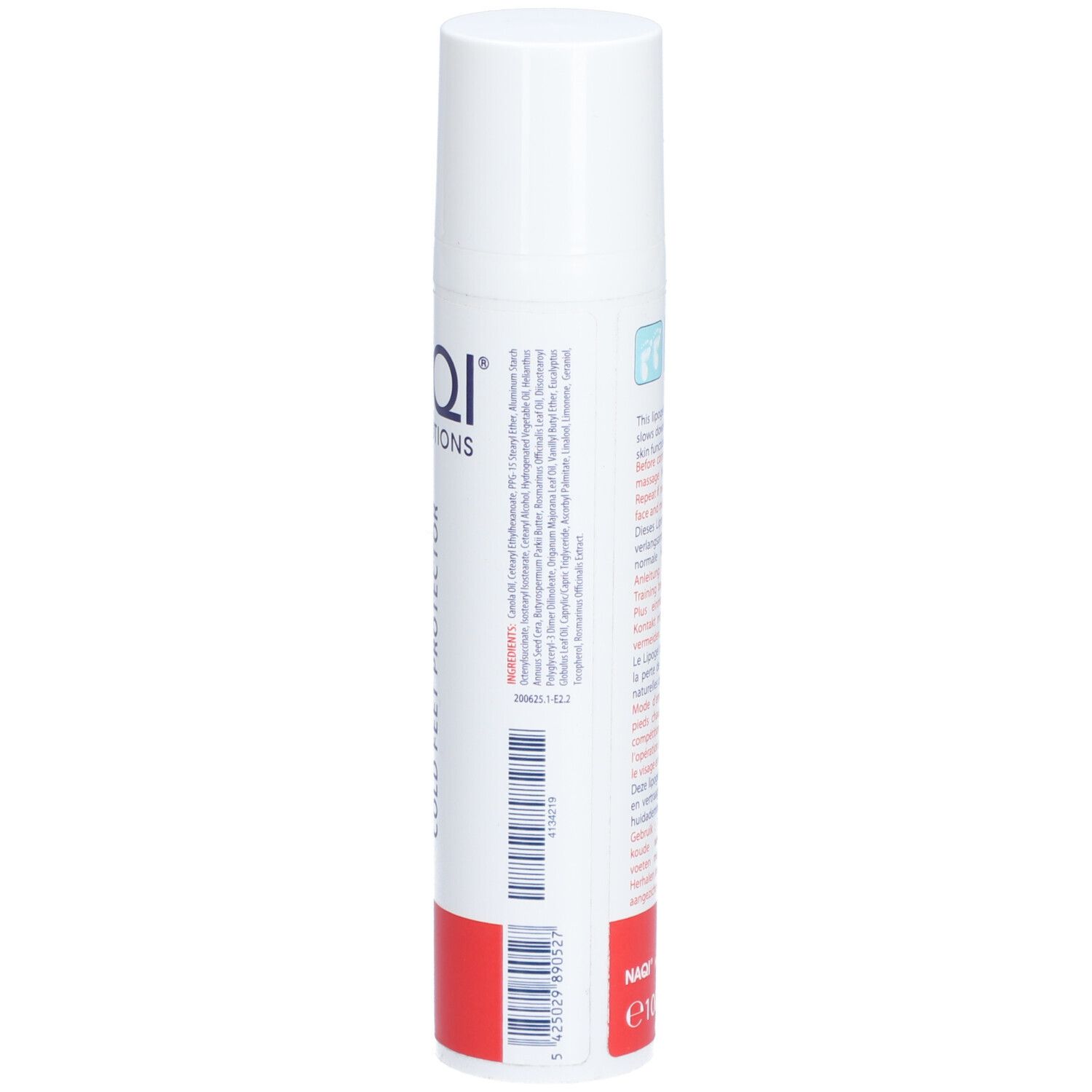 Tube blanc avec base rouge. Texte et code-barres. Inscription: NAQI SPORTS LOTIONS, VOTRA PLUS COLD FEET PROTECTOR.