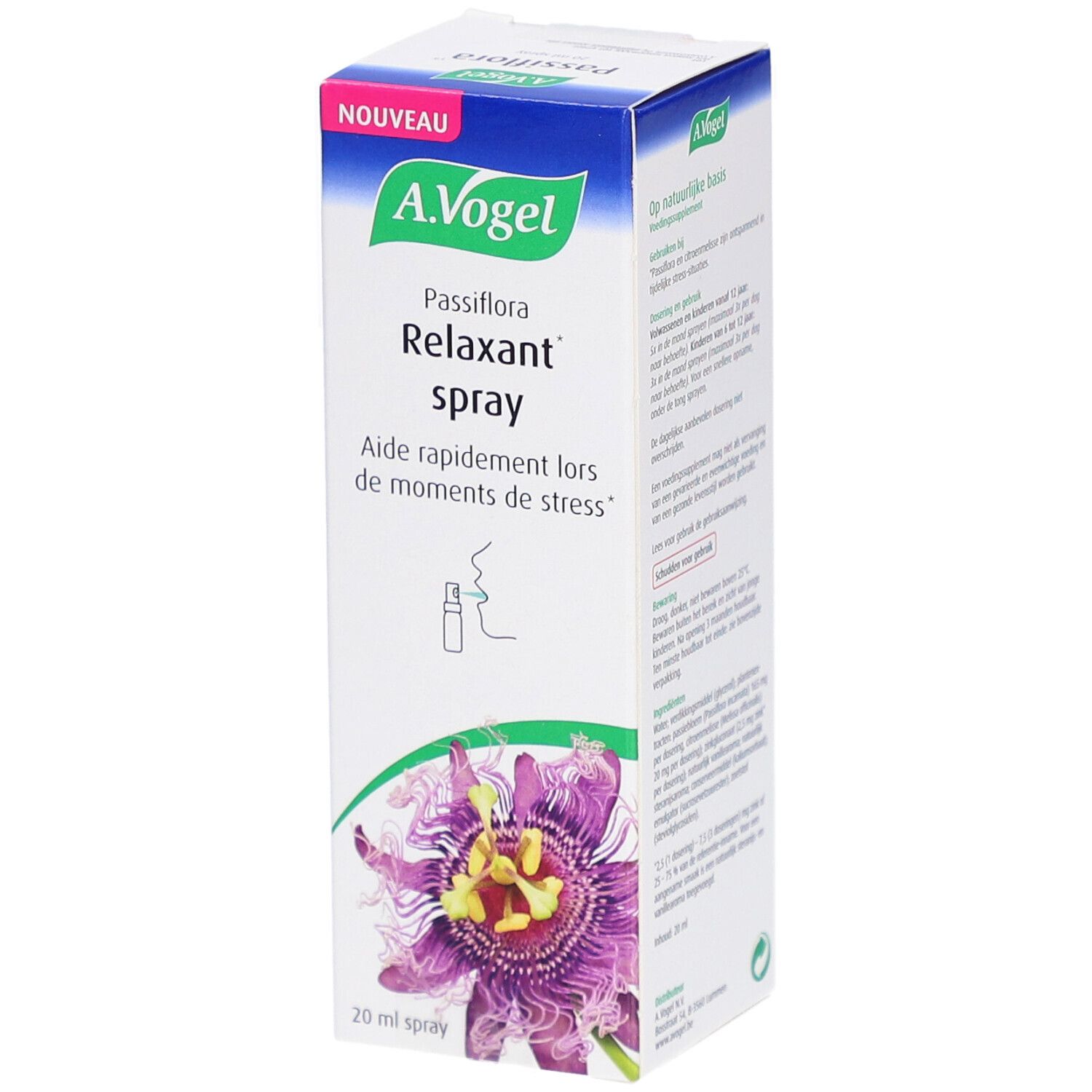Boîte A.Vogel Passiflora Relaxant spray. Image du produit et texte. Flacon spray 20 ml.