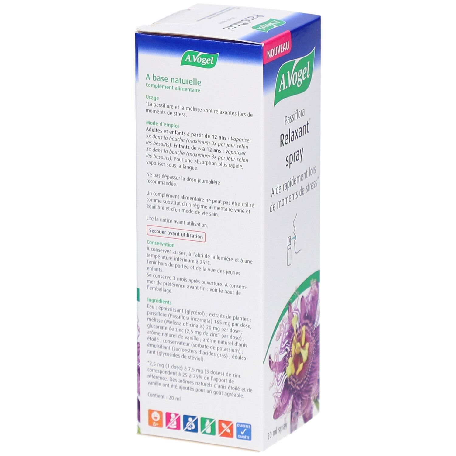 Dos de la boîte A.Vogel Passiflora Relaxant spray. Informations textuelles et ingrédients.