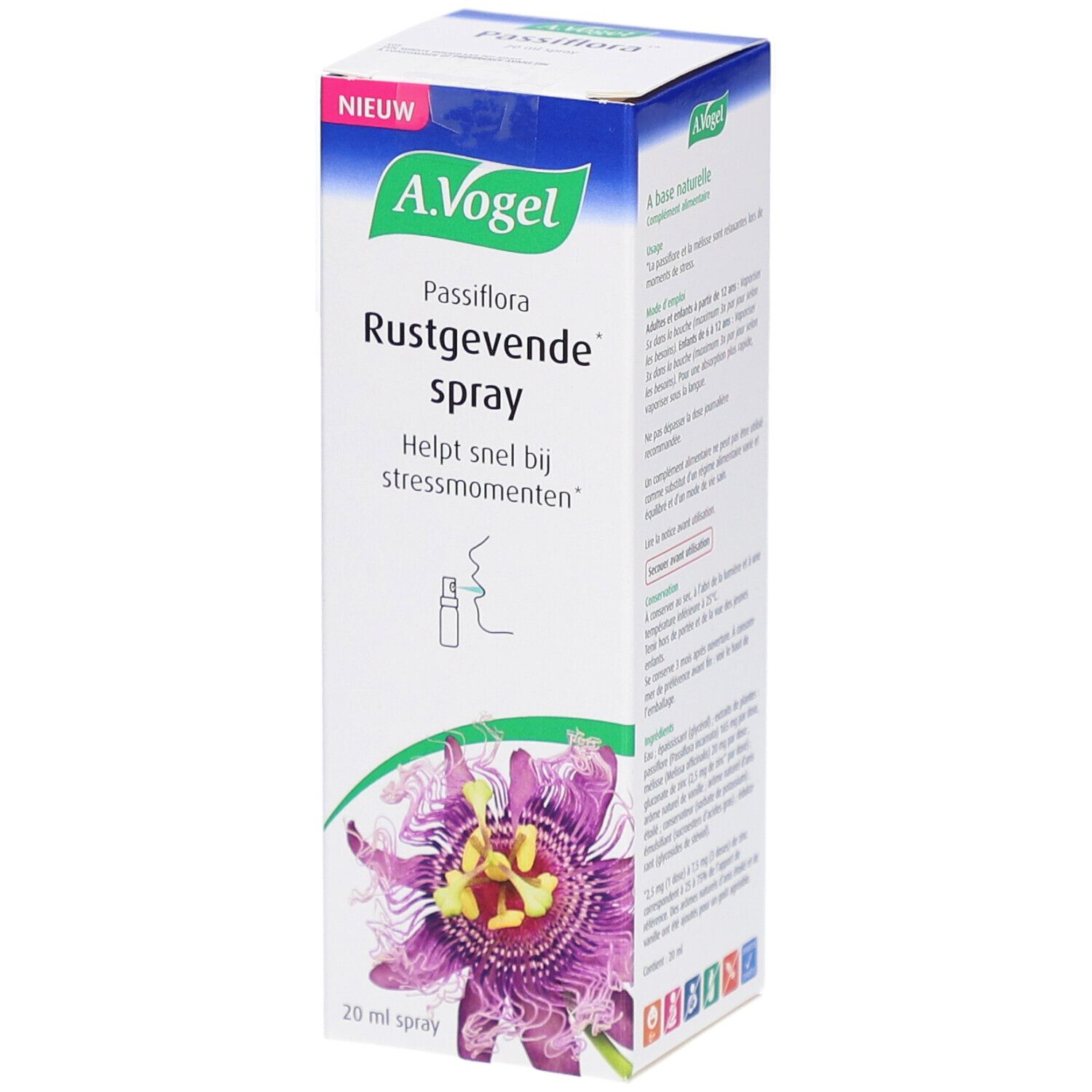 Boîte A.Vogel Passiflora Rustgevende spray. Image du produit et texte. Flacon spray 20 ml.