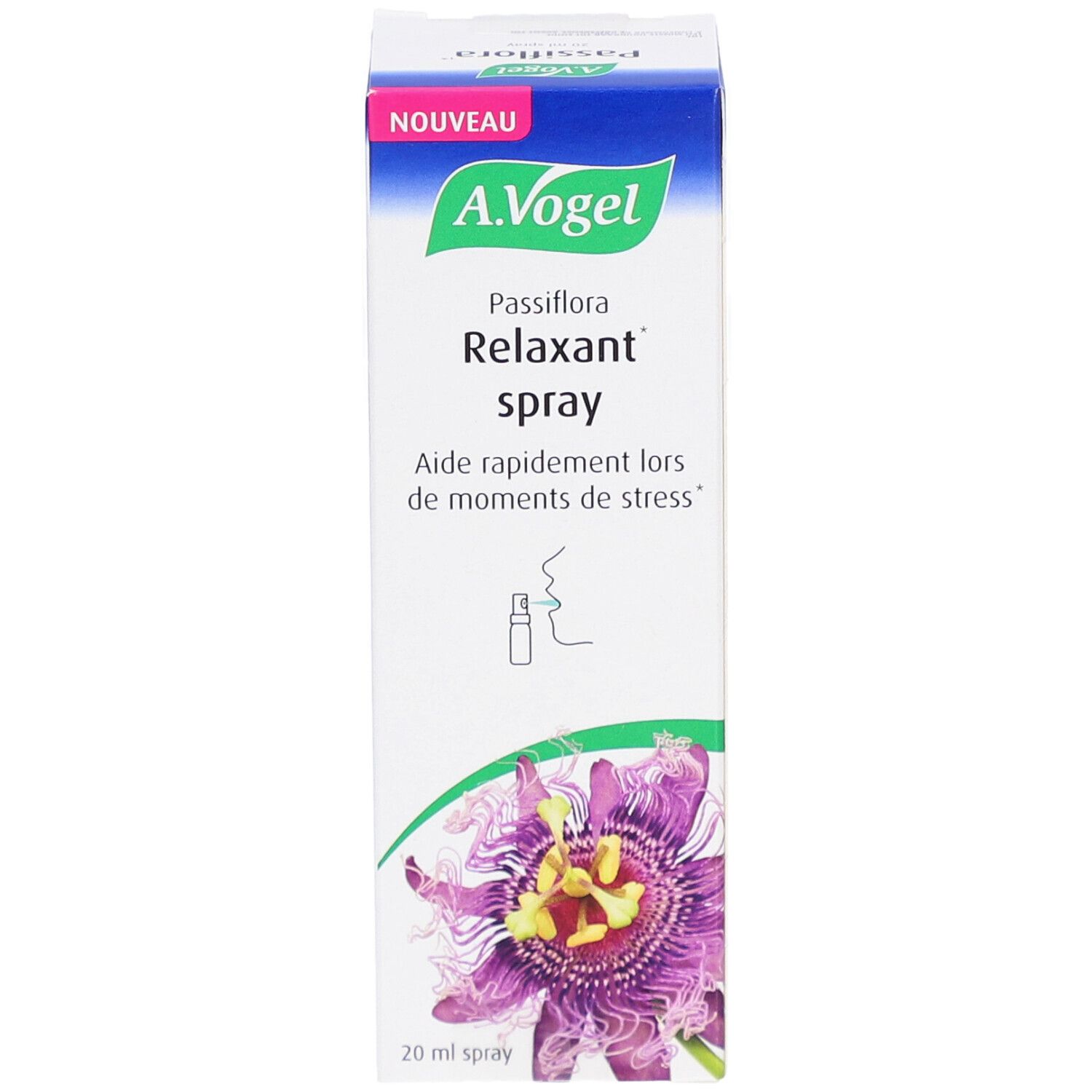 Boîte A.Vogel Relaxant spray. Image du produit et texte. Flacon spray 20 ml.