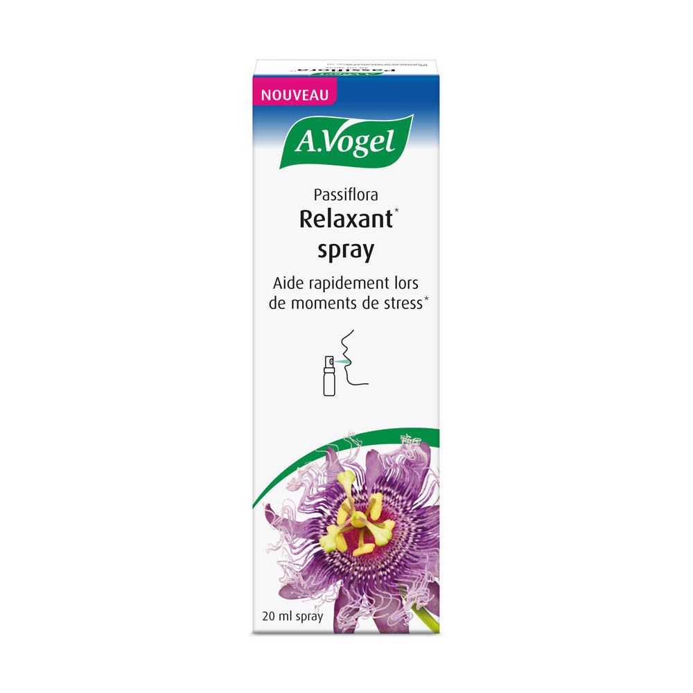 Boîte A.Vogel Relaxant spray. Image du produit et texte. Flacon spray 20 ml.