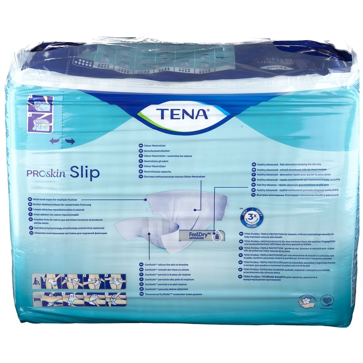 Paquet TENA ProSkin Slip. Emballage bleu avec image du produit et logo. Caractéristiques et pictogrammes du produit.