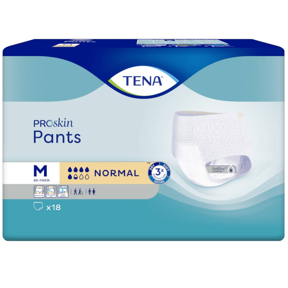 Verpackung TENA ProSkin Pants M Normal. Weiße Pants, blaue Schrift. x18. Größenangaben und Piktogramme.
