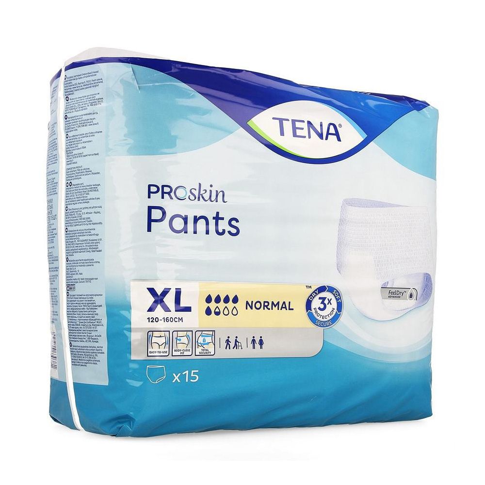 Verpakking TENA ProSkin Pants Normal XL. Blauw-witte verpakking met productafbeelding. Bevat 15 stuks. Maat XL, 120-160cm.