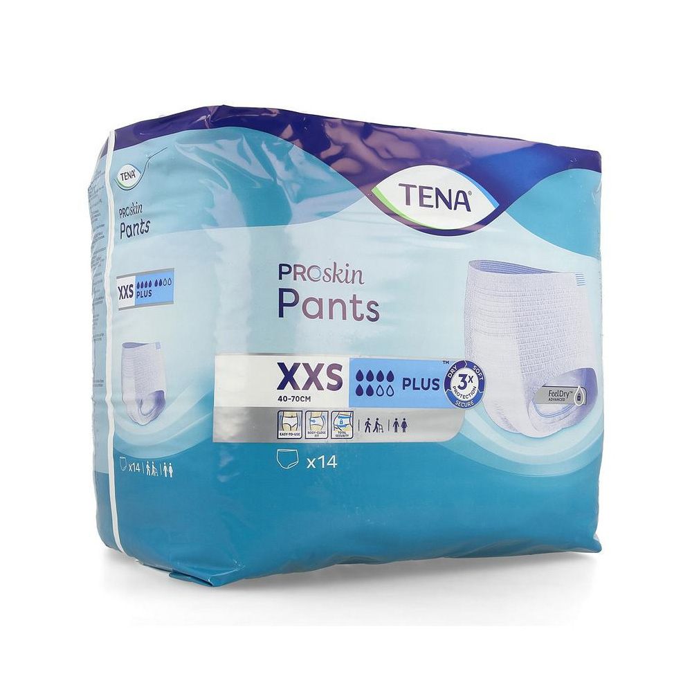 Verpakking TENA ProSkin Pants Plus XXS. Blauwe verpakking met productafbeelding. Bevat 14 stuks. Maat 40-70cm.