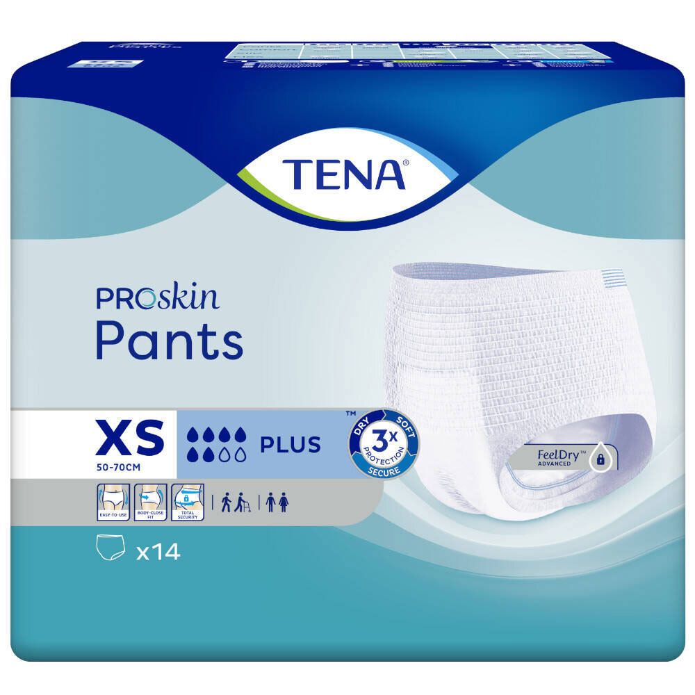 TENA ProSkin Pants XS, 14 stuks. Witte incontinentiebroek in blauwe verpakking. Maat XS, 50-70cm.