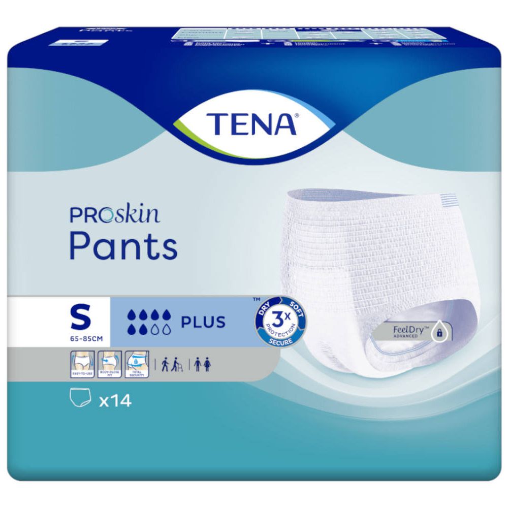 TENA ProSkin Pants, Größe S, auf Verpackung. Weiße Inkontinenzhose. Blaue Verpackung mit Produktinformationen und Zertifizierungen.