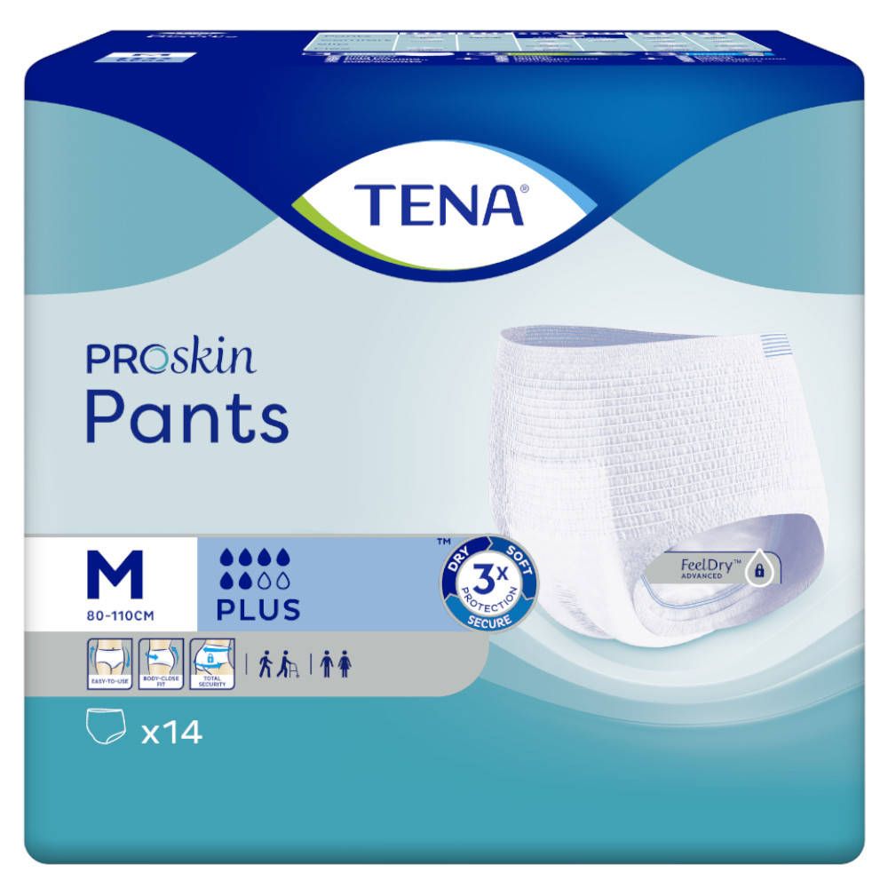 TENA ProSkin Pants M, verpakking van 14 stuks. Blauwe verpakking met productafbeelding, maat en merknaam.