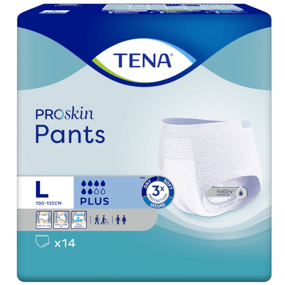 TENA ProSkin Pants Plus L. Culotte d'incontinence blanche en emballage. Taille L, x14. Avec protection 3x. Informations et icônes.