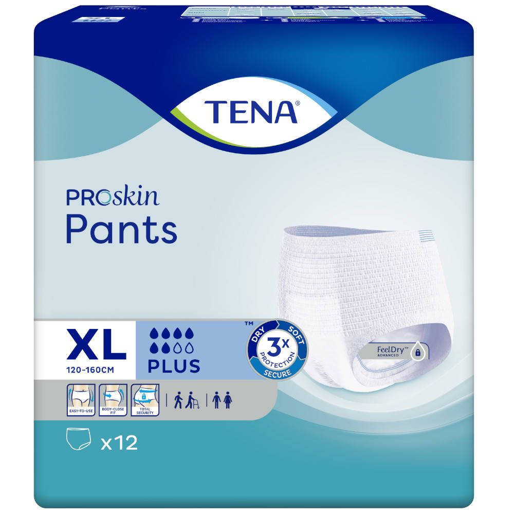 Paquet de TENA ProSkin Pants Plus XL, 12 unités. Emballage bleu avec image du produit et logos.