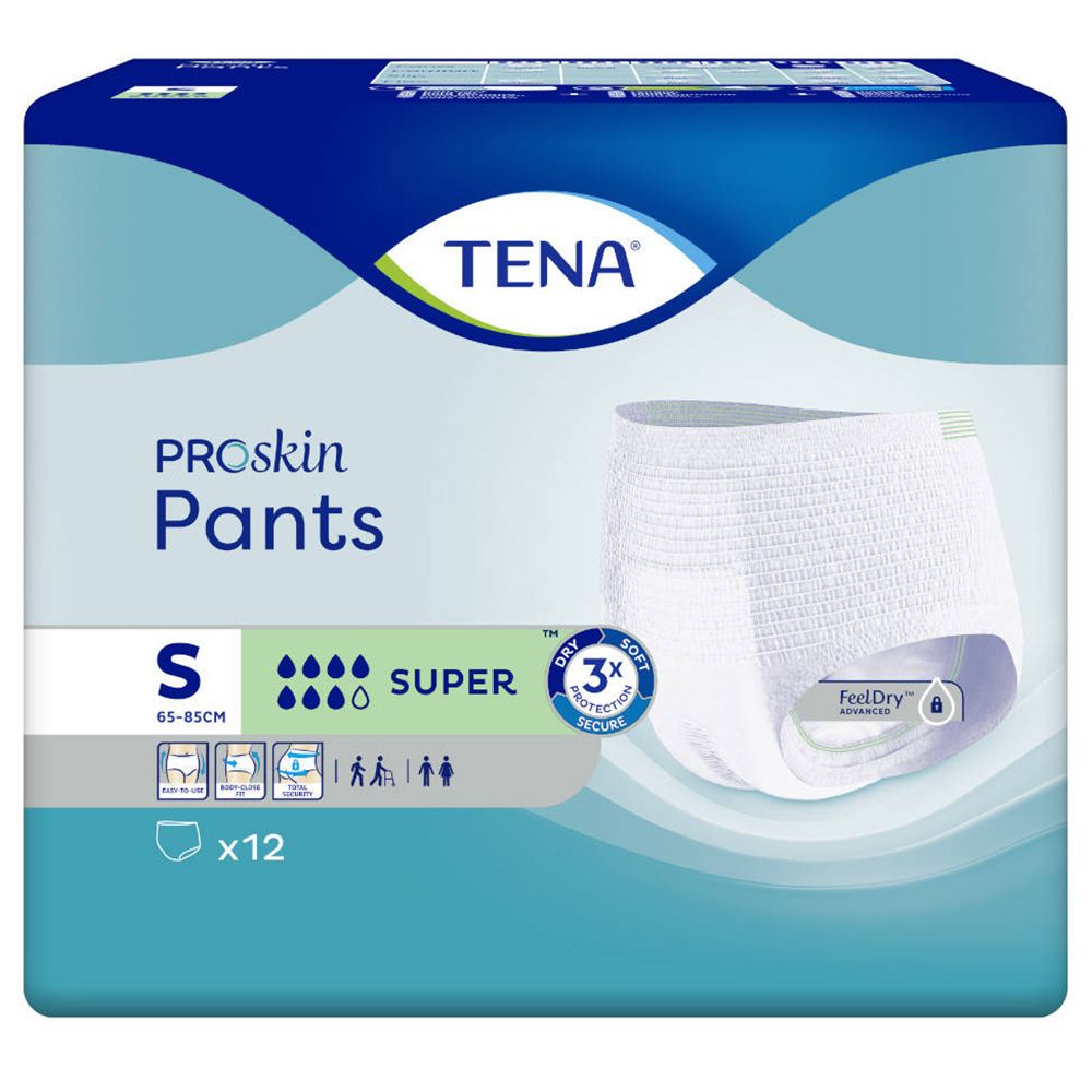 TENA ProSkin Pants Super Gr. S, Packung. Weiße Inkontinenzhose, Größenangabe 65-85cm. Blaue Verpackung mit Produktmerkmalen.
