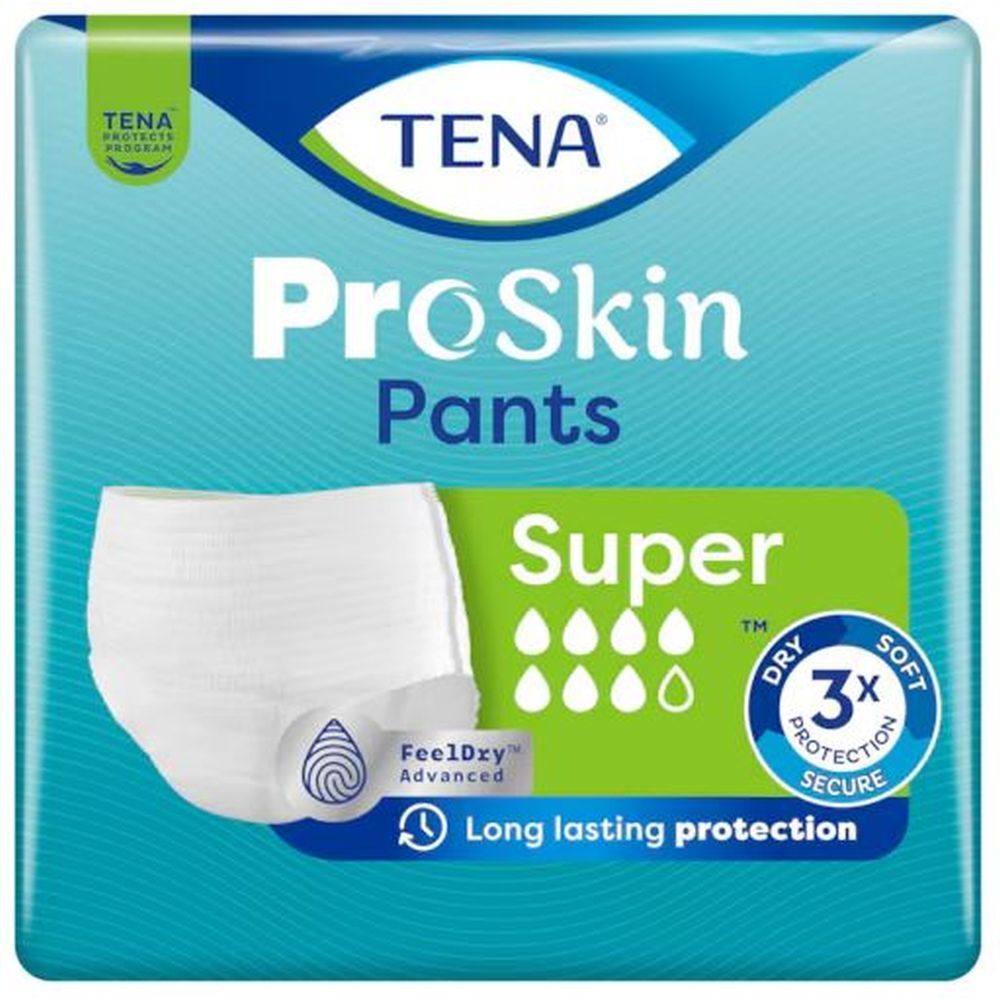 Verpakking TENA ProSkin Pants Super Medium. Witte broekjes, maat M, x12. Opschriften: TENA, ProSkin Pants, Super, 3x bescherming, FeelDry.