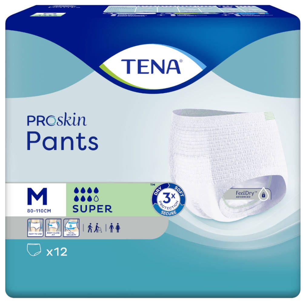 Verpakking TENA ProSkin Pants Super Medium. Witte broekjes, maat M, x12. Opschriften: TENA, ProSkin Pants, Super, 3x bescherming, FeelDry.
