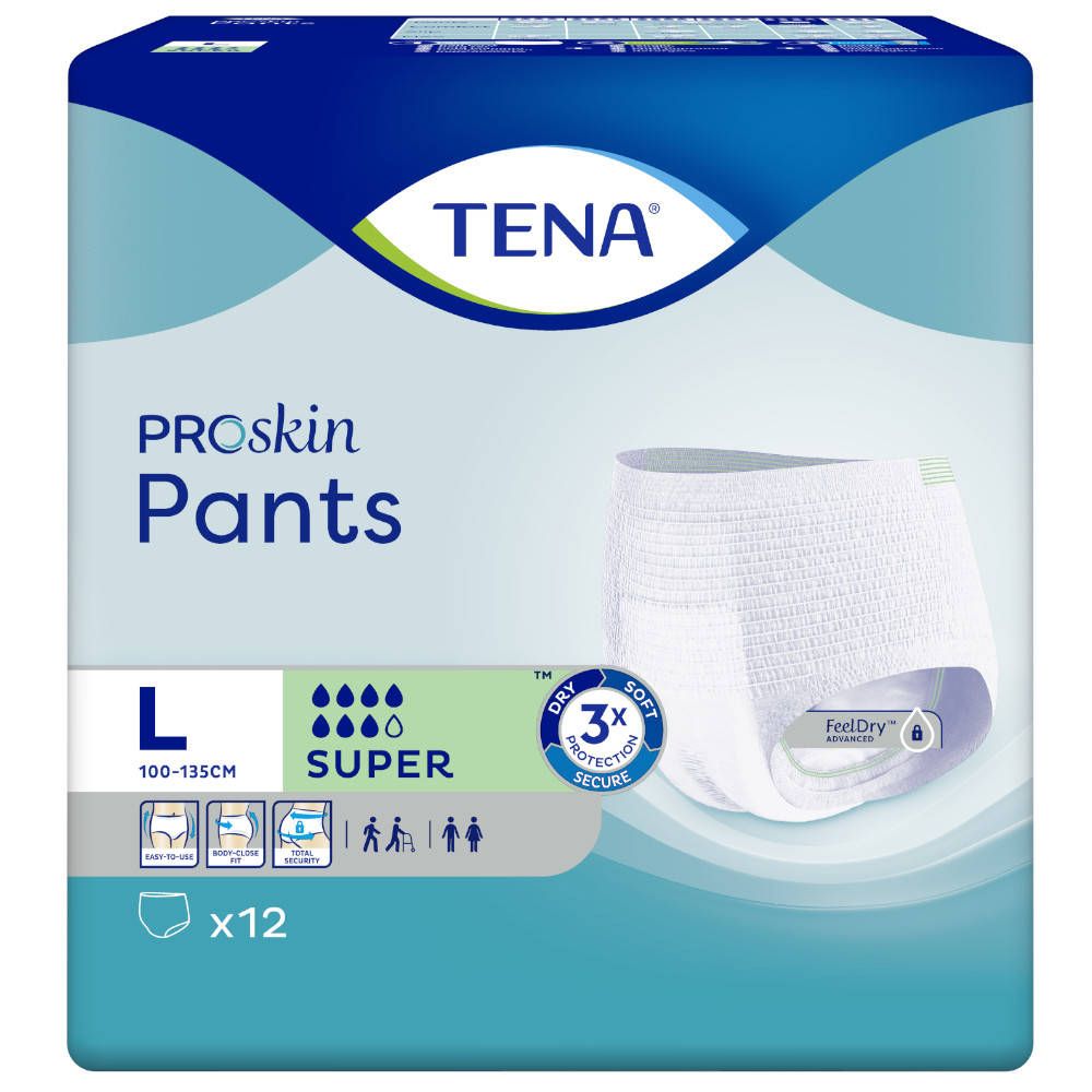 TENA ProSkin Pants, Größe L, Super, x12. Verpackung mit Inkontinenz-Pants, 100-135cm.
