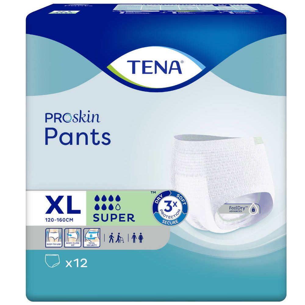 Verpakking TENA ProSkin Pants XL Super, 12 stuks. Product, logo en kenmerken.