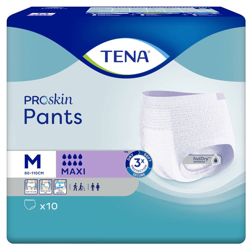 TENA ProSkin Pants Maxi Medium, paquet de 10. Culottes blanches, emballage bleu et vert. Taille M, 80-110cm.