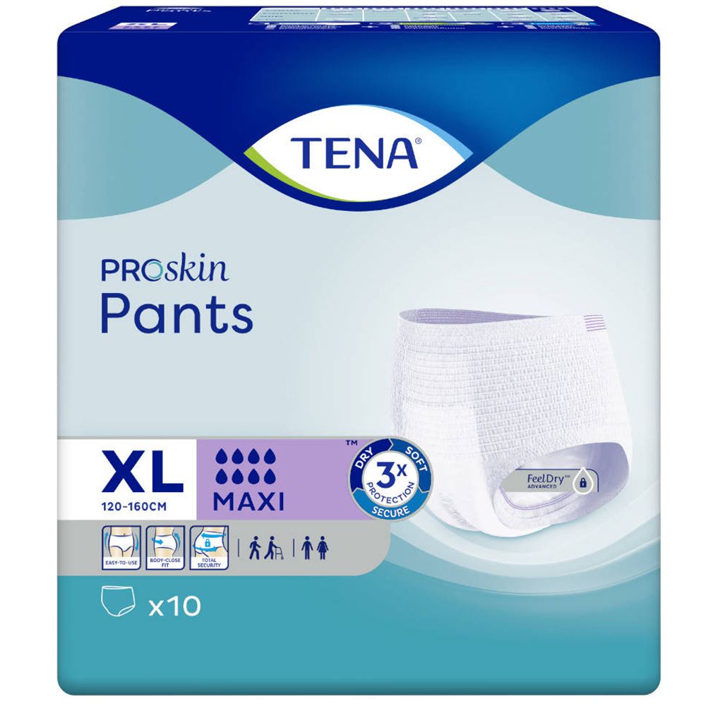 TENA ProSkin Pants Maxi XL, Packung mit 10. Weiße Inkontinenzhose in blauer Verpackung. XL, 120-160cm. 3x Schutz.