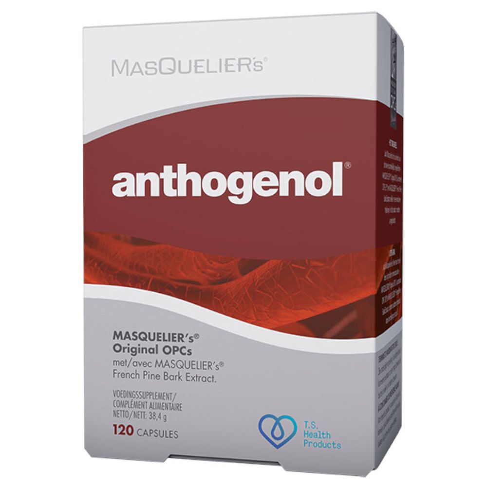 Anthogenol®-Verpackung. Weißer Karton mit rotem Feld und Produktnamen. 120 Kapseln. Marke MASQUELIER's®.