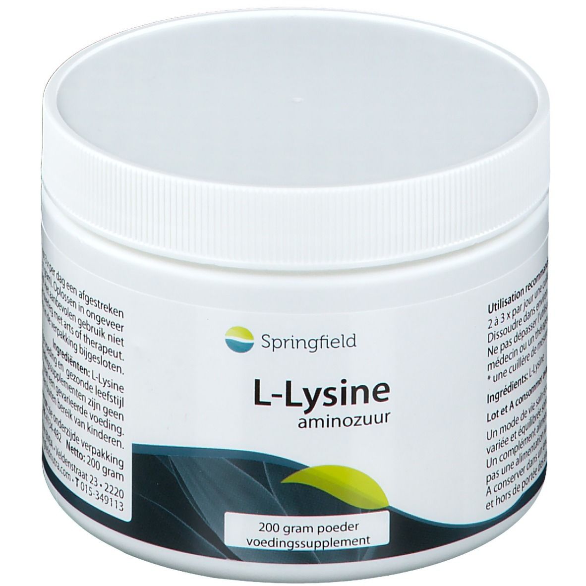 Witte plastic pot met schroefdop. Opschrift: L-Lysine, aminozuur, 200 g poeder. Merk: Springfield.
