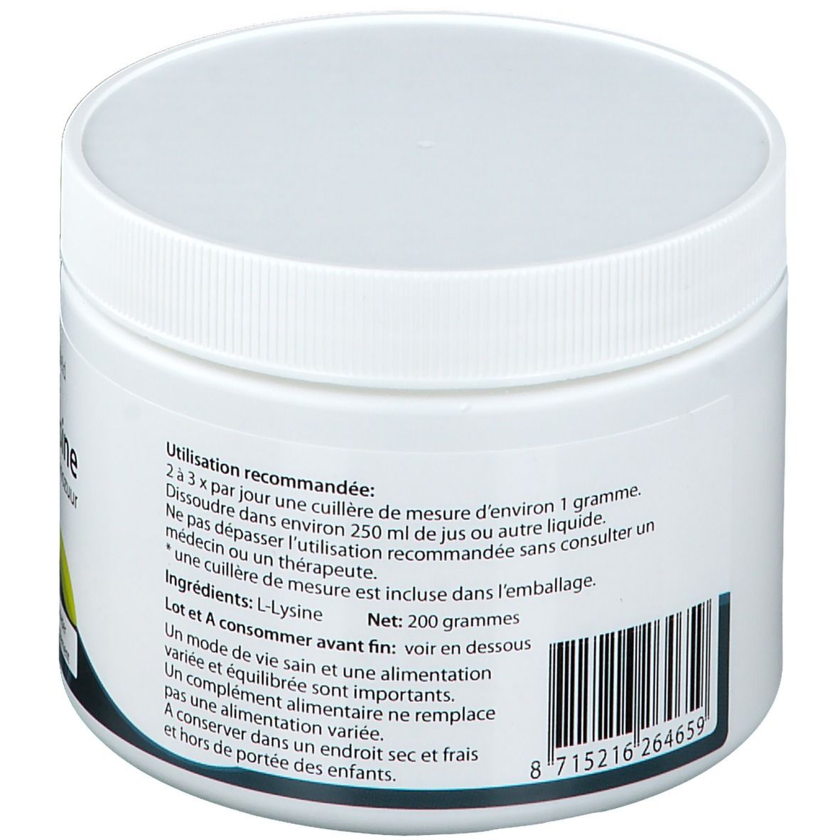 Witte pot met schroefdop. Opschrift: L-Lysine, aminozuur, 200 g. Streepjescode en tekst over gebruik en ingrediënten.